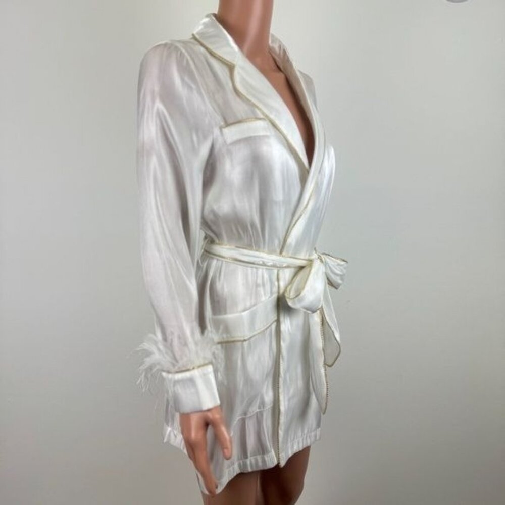 La’ Ros Gold Thread Feather Accent Sleeves Sleep Bath Robe Dressing Gown Small - Picture 4 of 14